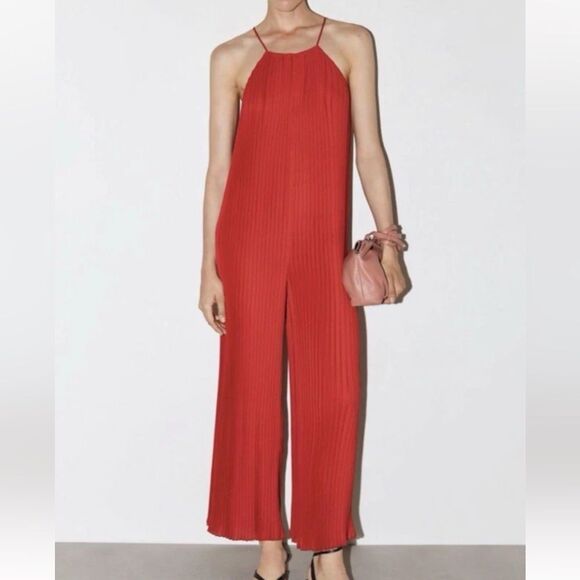 Zara Red Pleated Jumpsuit(Size Small) - Picture 1 of 6